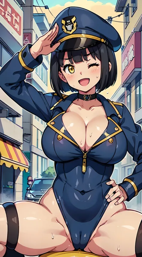 (Perfect body),Best Quality,16 K、(NSFW)、(Police Hat)、(Navy blue jacket)、blush、(((:D)))、One eye is closed、embarrassed from,((Short hair)), ((bob cuts))、((blunt_Bangs))、(((Yellow eyes))),((Black hair)),(Sweat),((Navy blue leotard)),((Big ass))、(((((Big breas...