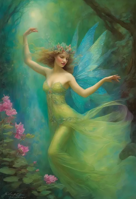 fairy dancing, elegant, very attractive beautiful by daniel merriam, josephine wall, embellishments by alphonse mucha and ralph mcquarrie in colors of magenta, aqua, lime green.  .watercolor, wet on wet,