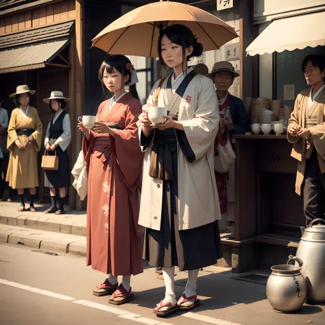 Japanese beggers sipping tea on a street,one human holding only one cup of tea and sipping it