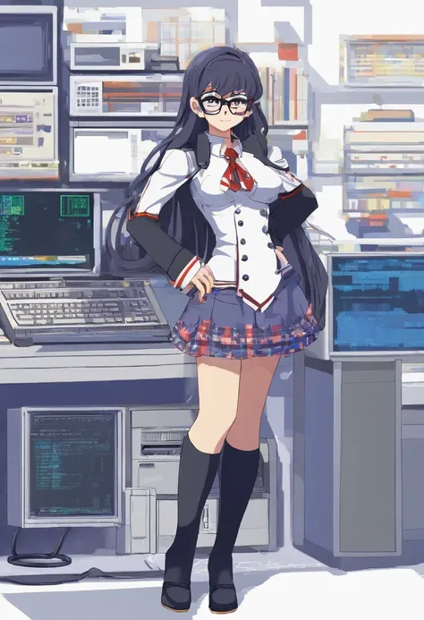 anime girl in a short skirt and glasses standing in front of a computer, seductive anime girl, biomechanical oppai, kantai collection style, oppai cyberpunk, asuka suit under clothes!, rogue anime girl ayanami rei, oppai, marin kitagawa fanart, blue scales...