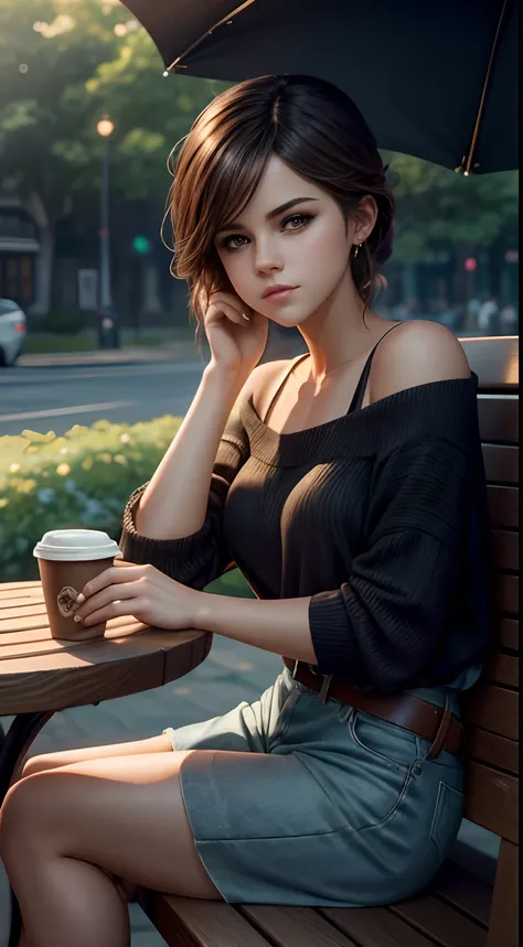 ((Selena Gomez:Emma Watson:0.8)), mature,adult woman sitting on a bench drinking a cup of coffee, casual pose, artwork in the style of guweiz, realistic artstyle, mysterious coffee shop girl, trending on cgstation, relaxing concept art, realistic afternoon...