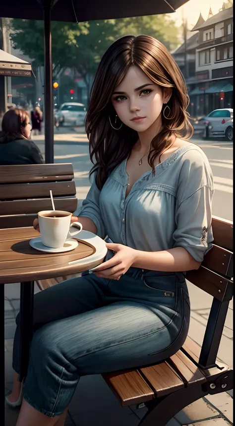 ((Selena Gomez:Emma Watson:0.8)), mature,adult woman sitting on a bench drinking a cup of coffee, casual pose, artwork in the style of guweiz, realistic artstyle, mysterious coffee shop girl, trending on cgstation, relaxing concept art, realistic afternoon...