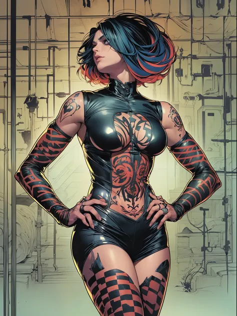 (((mulher))), (((melhor qualidade))), (((obra prima))), (((adulto))), (((1girl))), ((( Cabelos super curtos ))), (((corte de cabelo curto))), (((tatuagem negra em forma de letras))), Uma mutante cyberpunk mulher de 25 anos com corpo perfeito, Jamie Lee Cur...