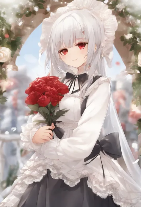 Masterpiece, Best Quality, 1girl, 独奏, Long_Hair, olhando_at_Viewer, white colored hair, red eyes, Smile, Bangs, upskirt, Shirt, Long_Sleeves, hat, Dress, bow, holding, hooded_mouth, flower, frills, Hair_flower, petals, bouquet, holding_flower, Downtown_fri...