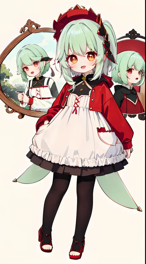 1girll, Solo, Green hair, Red eyes, Short hair, shirt, Open mouth, Smile, red colour，Wear a red Lolita dress。Red tight dress，Hood, Jacket, view the viewer, kazami yuuka, Long sleeves, bangs,shorter pants，lacepantyhose，Hand in pocket，high-heels，Full body ph...