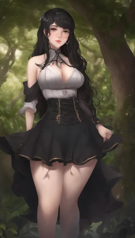 Curvaceous,1 very young girl,full body view,thigh_highs,mini_skirt,large_hips,spooky,blushing,ahegao_face,black-hair,green-eyes,heart-shaped_pupils,long_hair,tiny-waist,High detailed,