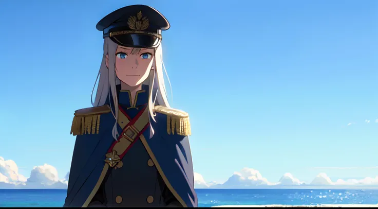 masterpiece, 1girl, young lady, very long white hair, hair blowing, light blue eyes, epaulettes black dress, general hat, cape, closed mouth, smirks, front view, blue sky, sea, highres