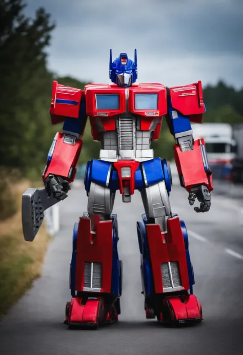 Portrait of the real Optimus prime as an airport fire truck-z8-Albert, like his 2007 animated counterpart with blue head hands and legs and autobot logos on his shoulders along with his energon axe