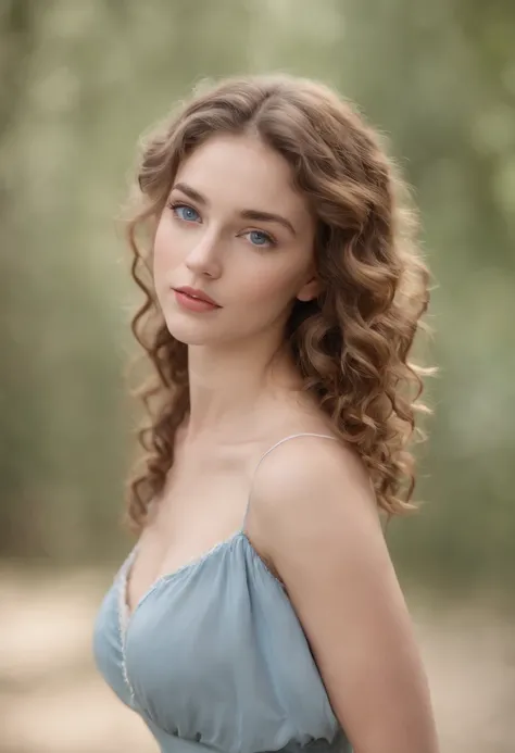 "Full body portrait of a charming girl with curly hair, petite figure, beautiful face, captivating blue eyes, and modest bust size, showcasing her natural beauty."