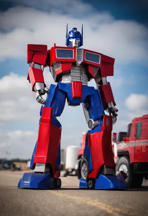 Portrait of the real Optimus prime as an airport fire truck-z8-Albert 8x8, like his 2007 animated counterpart with blue head, blue hands, light blue energon eyes and blue legs , and autobot logos on his shoulders, along with him holding his red and grey ax...