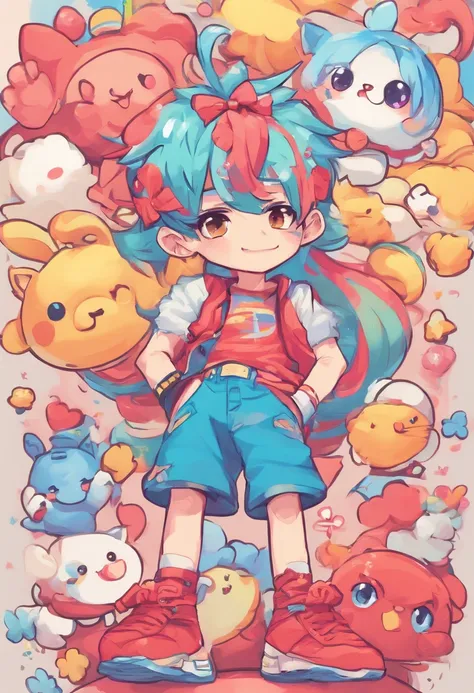 Boy split in half with red and light blue hair color