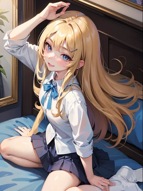 Mole under the eyes、1girl、Highschooler age, Gyaru appearance, blonde long hair、blue eyes、White button up shirt、Blue pleated skirt、 loose clothing、look from above、breasts are huge、Blue hair clip on bangs、Thighs are attractive、thick thighs, Sauce order、A tea...