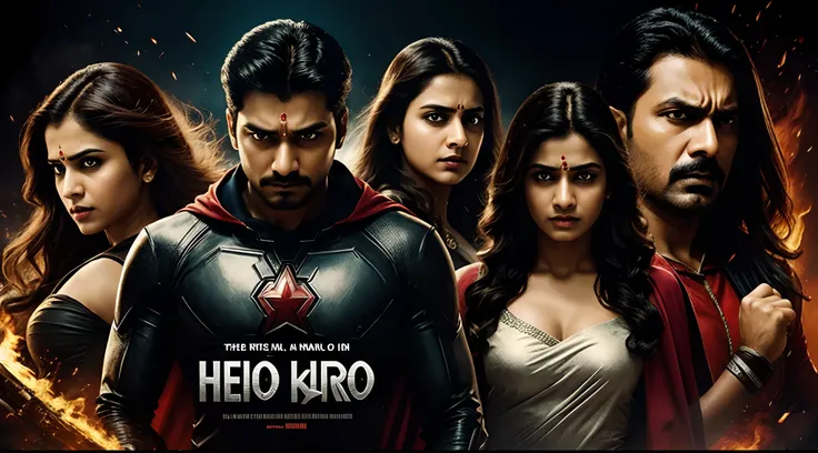 Hero, Heroine and villain in one poster, movie poster style, indian version, ( no text ), cinematic, dramatic