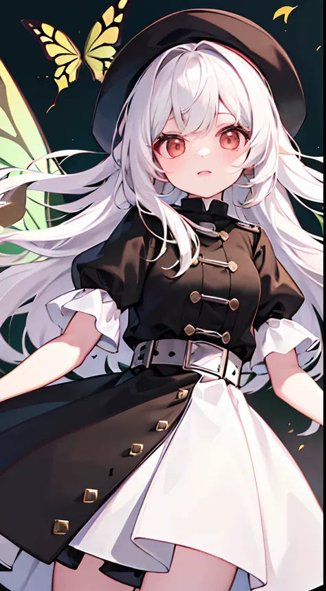 {high quality}, 1girl, {red eyes}, {white hair}, {black and green coat skirt }, {black hat}, {multiple green butterflies flying},