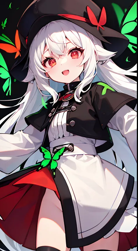 {high quality}, 1girl, {red eyes}, {white hair}, {black and green coat skirt }, {black hat}, {multiple green butterflies flying},