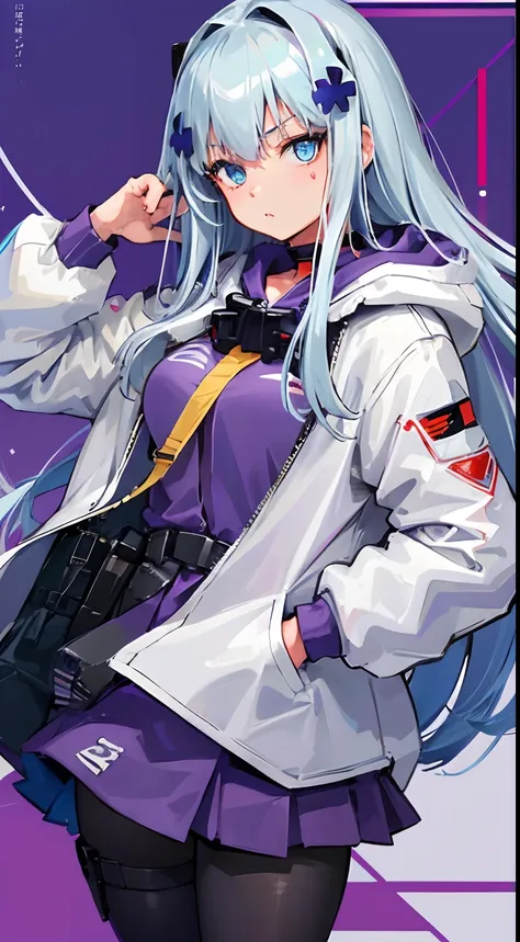 (((best quality))), 1girl, long hair, white hair, blue eyes, purple hoodie, detailed background, looking at viewer, white jacket...