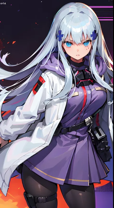 (((Best quality))), 1girl, Long hair, white hair, blue eyes, purple hoodie, detailed background, looking at viewer, white jacket, tall, medium breasts, HK416Clukay, black skirt, pantyhose, standing,