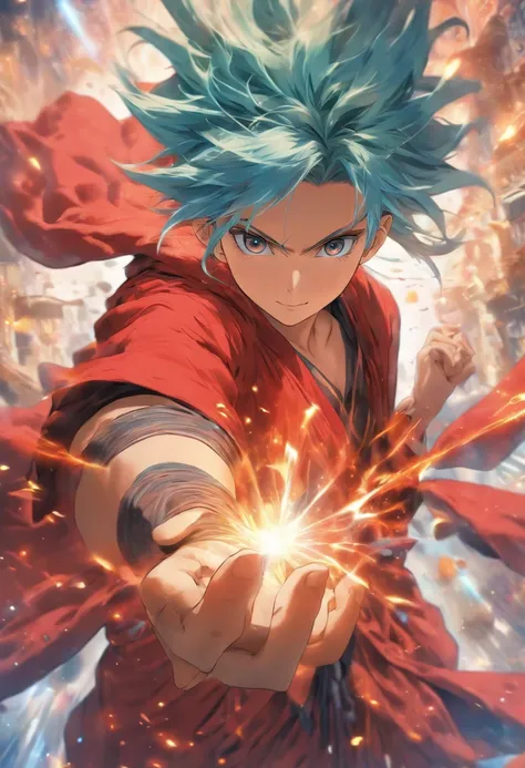 1 boy,blue hairs,Wearing a red antique robe,Flying hair, Face the camera and stretch out your palm