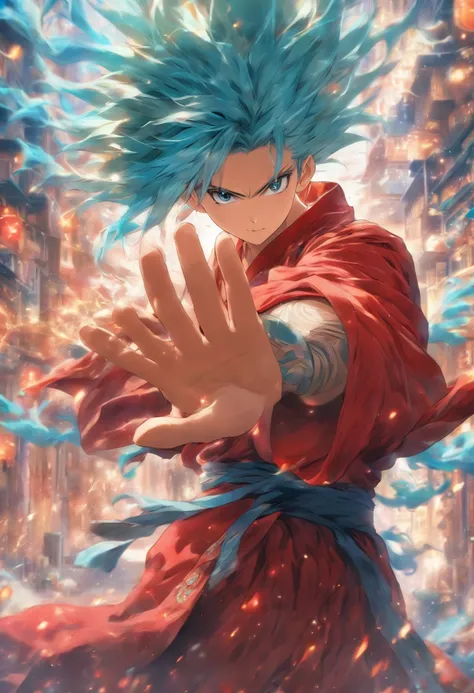 1 boy,blue hairs,Wearing a red antique robe,Flying hair, Face the camera and stretch out your palm