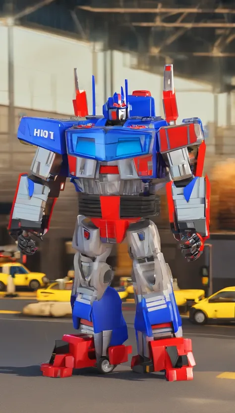 the real Optimus prime as an airport fire truck-z8-Albert 8x8, like his 2007 animated counterpart with blue head, blue hands, light blue energon eyes and blue legs , and autobot logos on his shoulders, along with him holding his red and grey axe that has a...