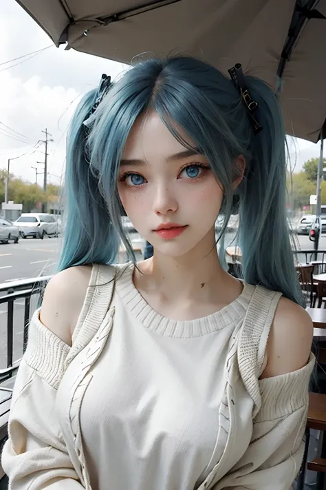 (1girll), 1sona , sona face, blue hair, blue eyes, ojos agudos, ojos rectos, gradient hair, twintails, hair ornament, brittbeck ...