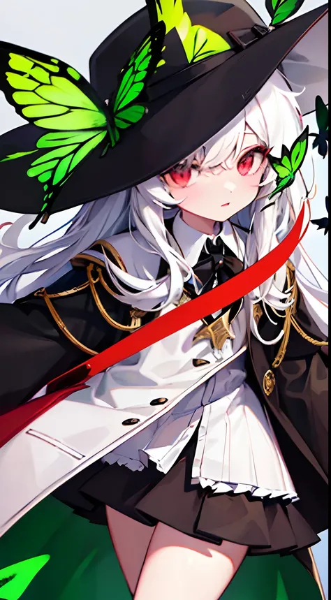 {high quality}, 1girl, {red eyes}, {white hair}, {black and green coat skirt }, {black hat}, {multiple green butterflies flying},