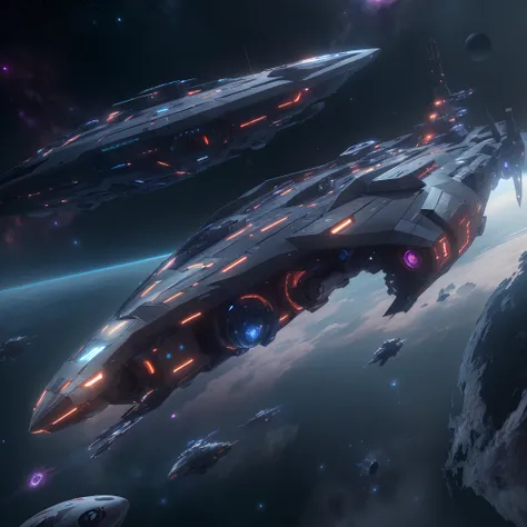 A huge spaceship,full bodyesbian，Solo，Spaceships in the Avengers，seen from outside，(multiple lighting sources:1.5),Detailed hull details,Cosmic galaxy background,Escaped spaceship,((Best quality)), ((Masterpiece)), (Epic composition:1.2), (unreal 5 render:...