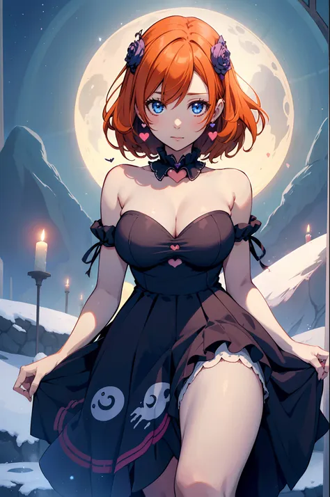 kousaka honoka, blue eyes,dress with heart_keyhole_cleavage, orange hair,witching hour ritual: an image of a witch silhouette ag...