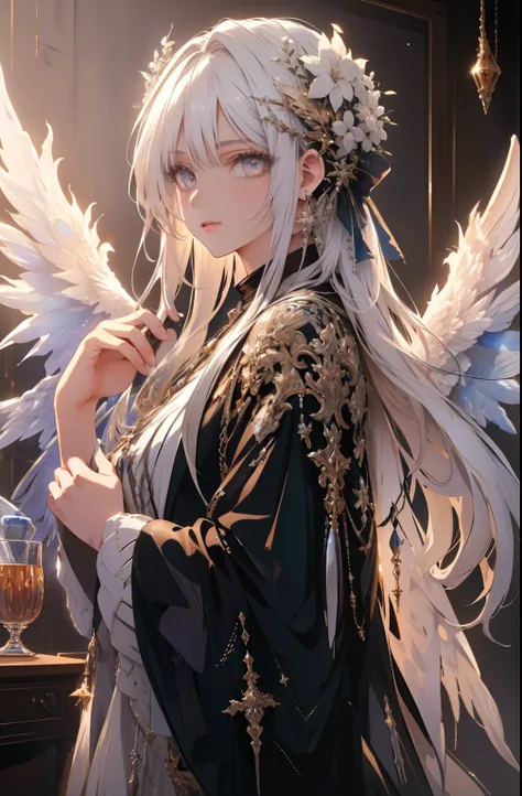 A detailed painting of an eight-winged angel with white hair, (best quality, highres, HDR:1.2), ultra-detailed, (realistic:1.37) with vivid colors, and bokeh lighting.