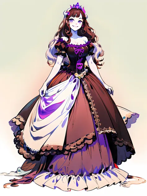 gongbihua, simple background, a drawing of a princess in a Krinolin dress, black dress, brown hair, fair skin, full body, long curly hair, smile, details, masterpiece, succubus, purple eyes, white hairs, pale skin, big horns, big breasts