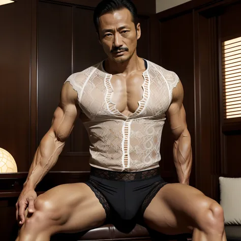 45 yers old，Hidetoshi Nakata ，（Kogoro Mouri 1.3），浴室，A muscular man sitting，leg wide open，Crotch contour，Wear lace lingerie，with mustache，tmasterpiece，k hd，the feet，Business suit，semi transparent，black long socks，The barefoot