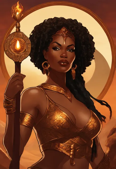 african american woman, dynamic pose, sexy, styalized anime art, mature anime art style, set in dragons dogma universe, is a mage, holding her staff, diffrent dynamic poses, african american woman in front of a sun and moon, mature anime art style, detaile...