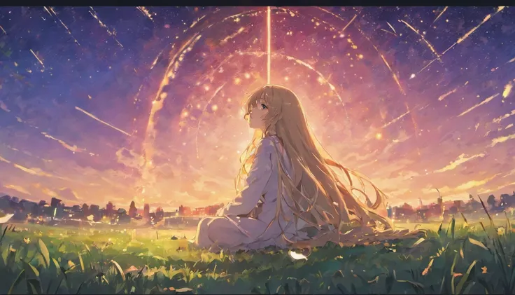 long hair girl，springtime，natta，Sit on the lawn，looking at the stars，