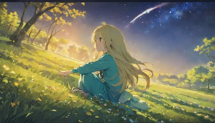 long hair girl，springtime，natta，Sit on the lawn，looking at the stars，