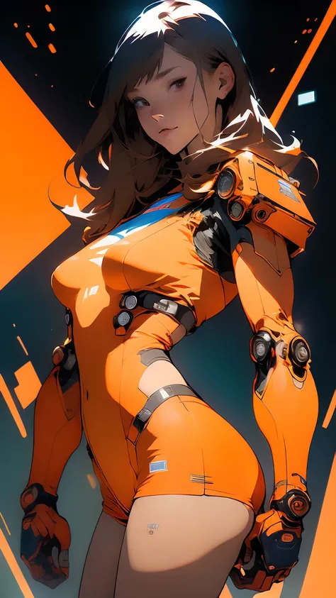 ((Best quality)), ((masterpiece)), (detailed: 1.4), Robot pilot woman defined muscular body, Neon evangelion style, half thick naked thighs, closed mouth, only panties, muscular body parts covered by technological clothing, (((medium breasts)) perfect, gen...