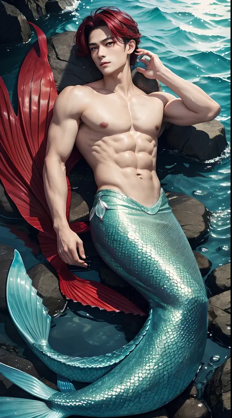 Hes like a mermaid、Sea bream scales、He is cherry-colored and beautiful、slender body、Red eyes、