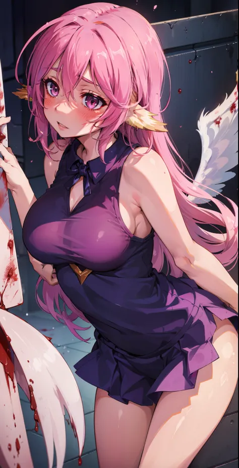 Jibril, (standing), blushed, perfect anatomy, detailed eyes, detailed lips, extremely detailed eyes and face, vivid colors, sharp focus, masterpiece:1.2, ultra-detailed, blushed, ((doggystyle)), (solo), ((sleeveless, angel of death, evil, bloody, blood))