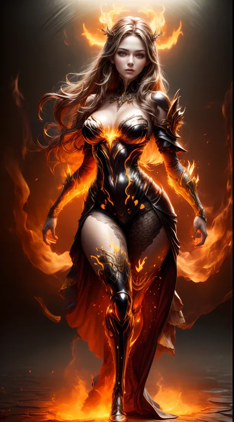 This is a realistic fantasy artwork prominently featuring realistic fire, including wisps of flames, glowing hot embers, subtle curls of smoke, and a beautiful fire druid. The druid stands in the midst of a raging inferno with an interesting composition. H...