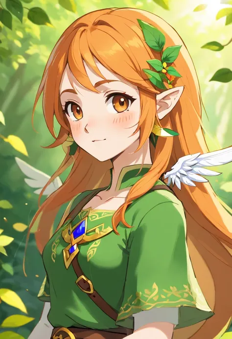 A female OC hylian with bright orange hair and freckles. Her hair is winged out with leaves in it.