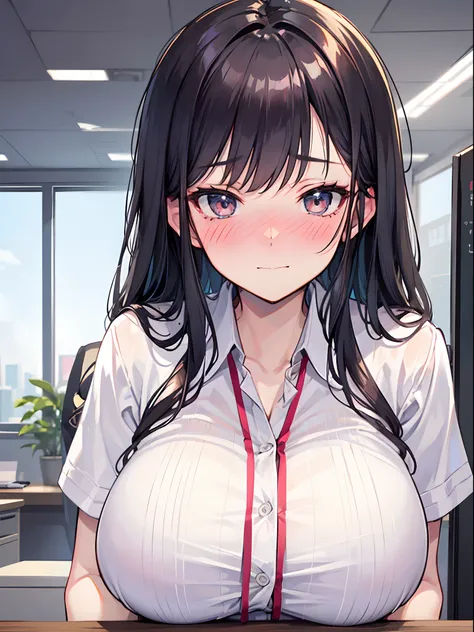 blushing, nose blush, >.< face, embarrassed, mature woman, office worker, massive breasts,