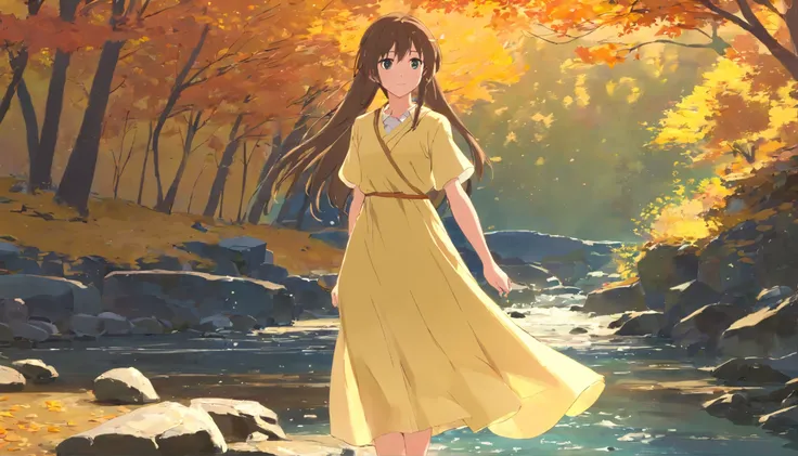 Long-haired girl in a pale yellow dress in autumn，There is a creek