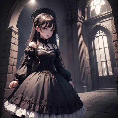 Gothic Lolita, long hair, Dress with skirt, 8k, Dark atmosphere, Gothic castle study, with brake ears