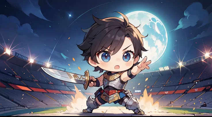 Masterpiece, Best Quality, (stadium), ((A boy)), (((chibi))), Solo, strong, brawl, With a knife, Dynamic Pose, wearing armor