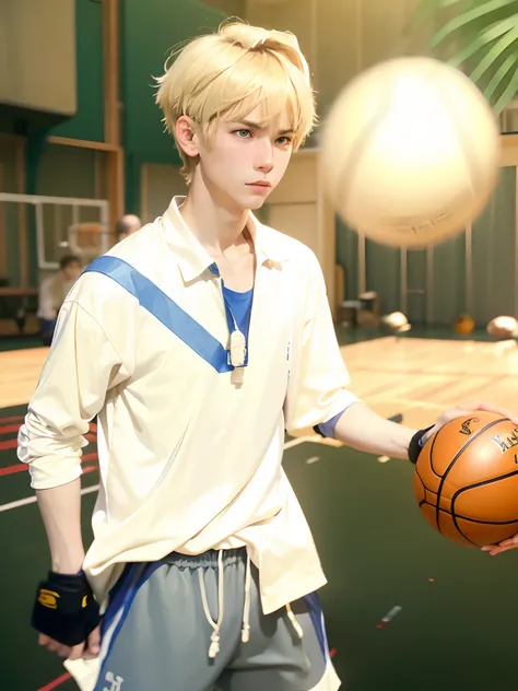 boy, blonde hair, wearing a white shirt, playing basketball, on the basketball court,short hair,realistic,ultra detail,80mm lens