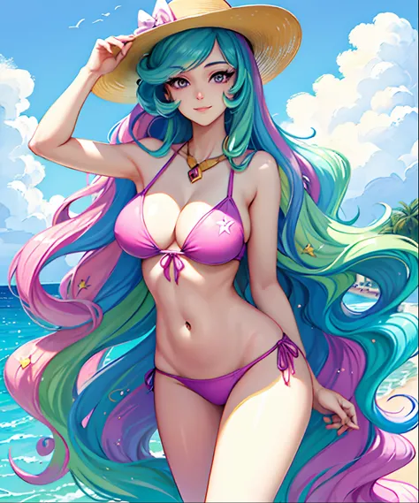 Princess Celestia, Princess Celestia from my little pony, Princess Celestia in the form of a girl, long hair, lush hair, big breasts, voluminous breasts, firm breasts, on the beach, in a swimsuit, pink swimsuit, on schizlong, in sunglasses, in a hat, volum...