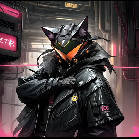 Cat in black leather jacket、Dandy cat、wears sunglasses、cyberpunked、neon color