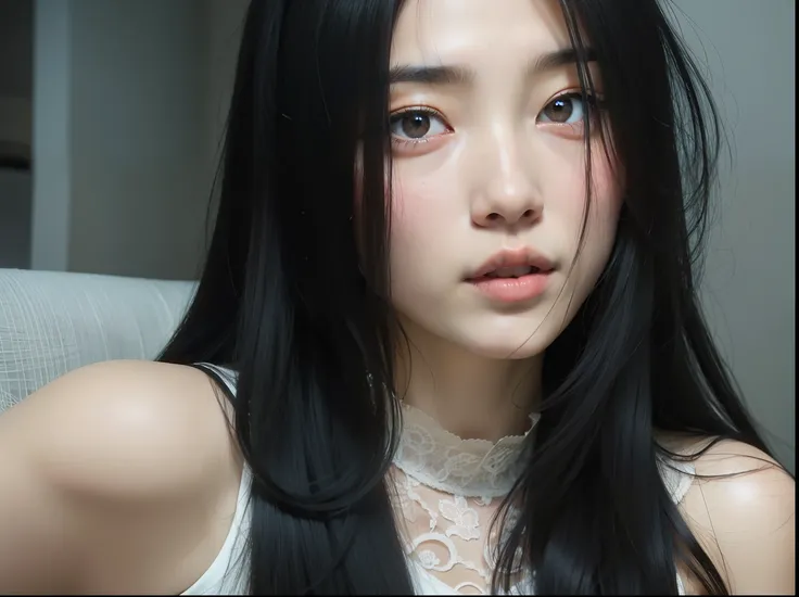 there is a woman with long black hair posing for a picture, menina bonito-fino-cara, young cute wan asian face, Realistic. Cheng Yi, Xintong Chen, Beautiful Asian girl, Ruan Jia Lindo!, south east asian with round face, bonito-fino-cara, bonito - fino - ro...