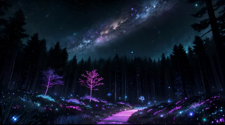 Colorful bioluminescence plants in forest, crystals and glowing path, fireflies, Pandora planet at night, blue and pink glow, epic landscape in background, hazy planet in the sky, galaxy and stars in the sky, rim light, volumetric light, colorful, contrast...