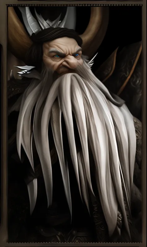 masterpiece, high quality, detailed photo, horned head with a long beard, angry face, (big nose, proportional nose), dwarf king in armor, dwarf plate armor, dwarf warrior armor, detailed hair, detailed face, detailed armor, debrian froud style