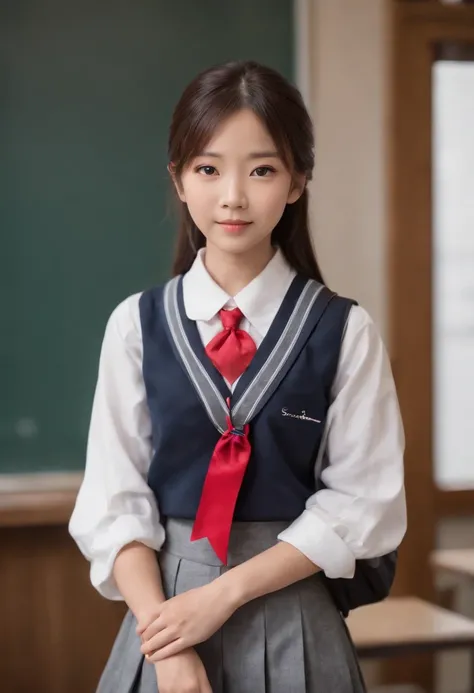 Create an AI image of a Japanese school girl in a full body pose. The girl is wearing a typical Japanese school uniform, consisting of a white top with a collar and a long plisé skirt that reaches her knees. The uniform can have a basic color such as blue ...